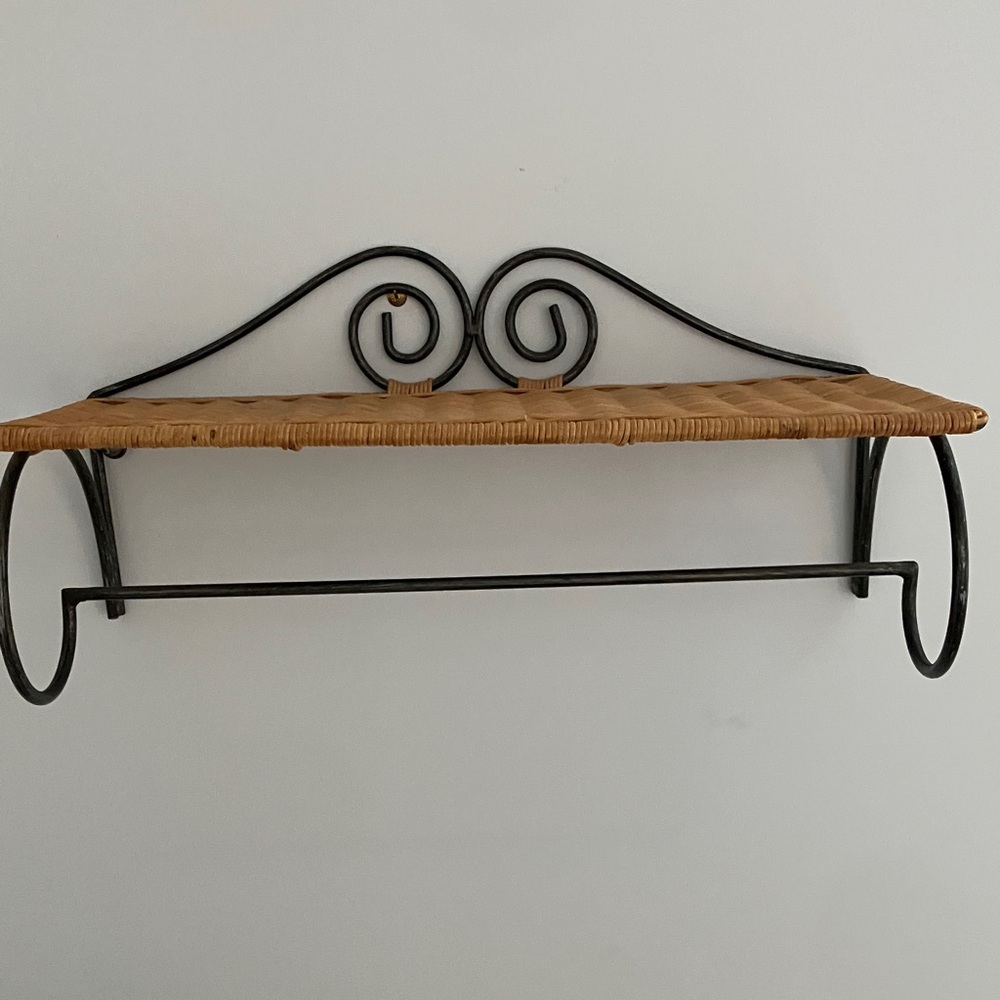Wrought Iron and Wicker Wall Shelf With Hanging Bar, Ready To Hang